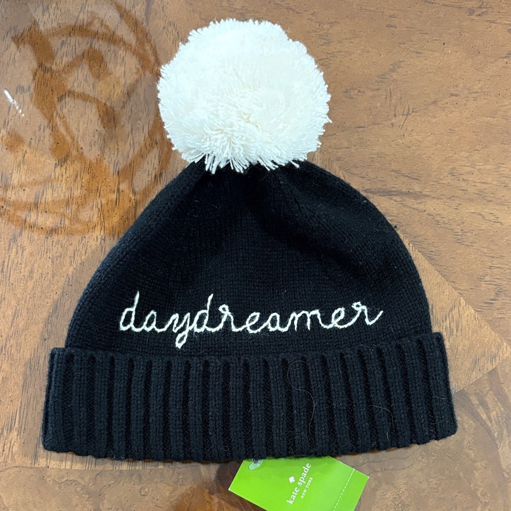Black Knit Beanie with White Pom Pom by Kate spade